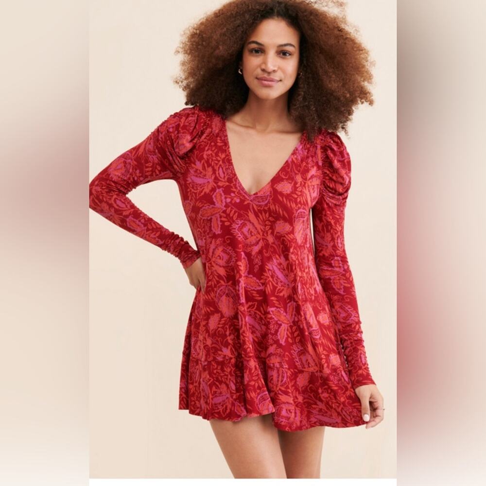 Free People Women’s Hello Lover Dress Tunic Top Size Small Red Ruched Fall